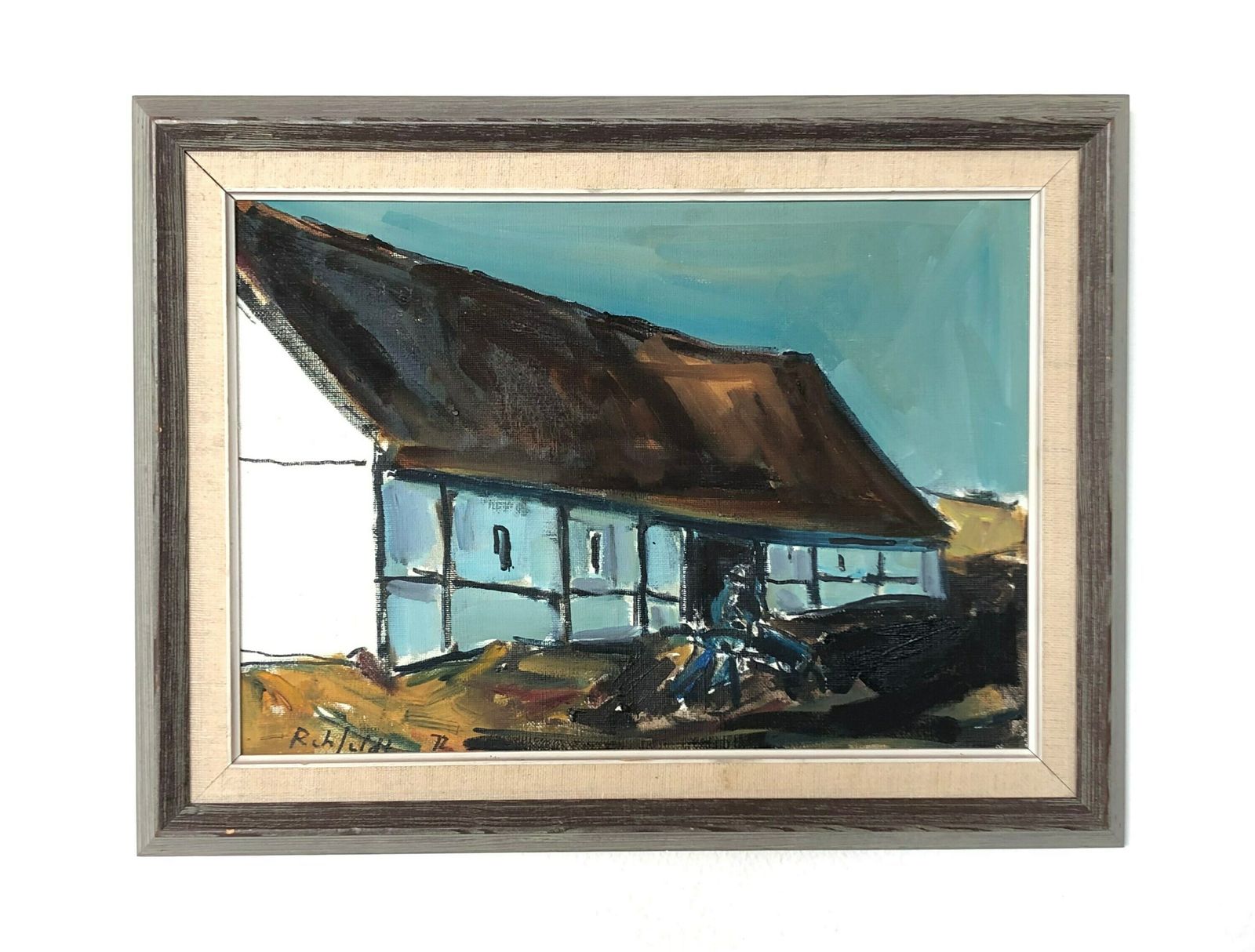 Vintage Oil Painting From Bornholm, Denmark By Rehfeldt Pedersen (1918 1987) With Motive A Farm In Blue Tones