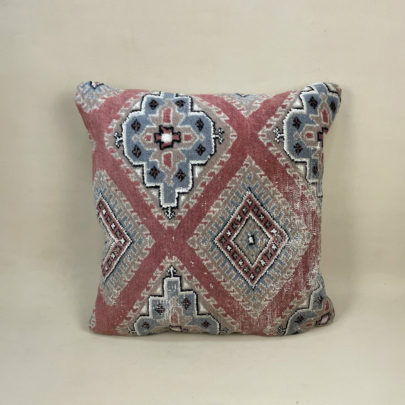 Antique Kilim Cushion Moroccan Rug Carpet Pillow Feather Filled Handwoven Patterned Red Blue 46x46cm Traditional Scatter Square Vintage