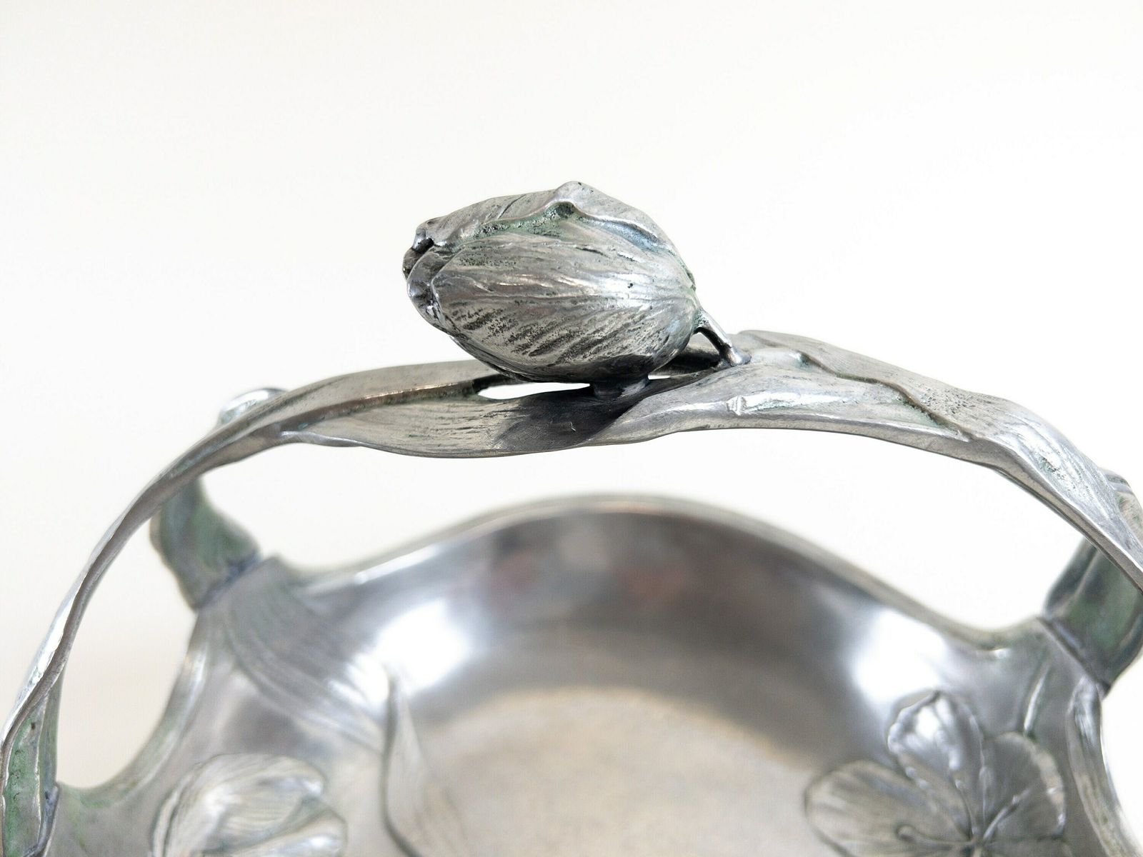 Floral Pewter Basket   Art Nouveau Pewter Centrepiece   Solid Heavy Pewter And Tin photo vintage