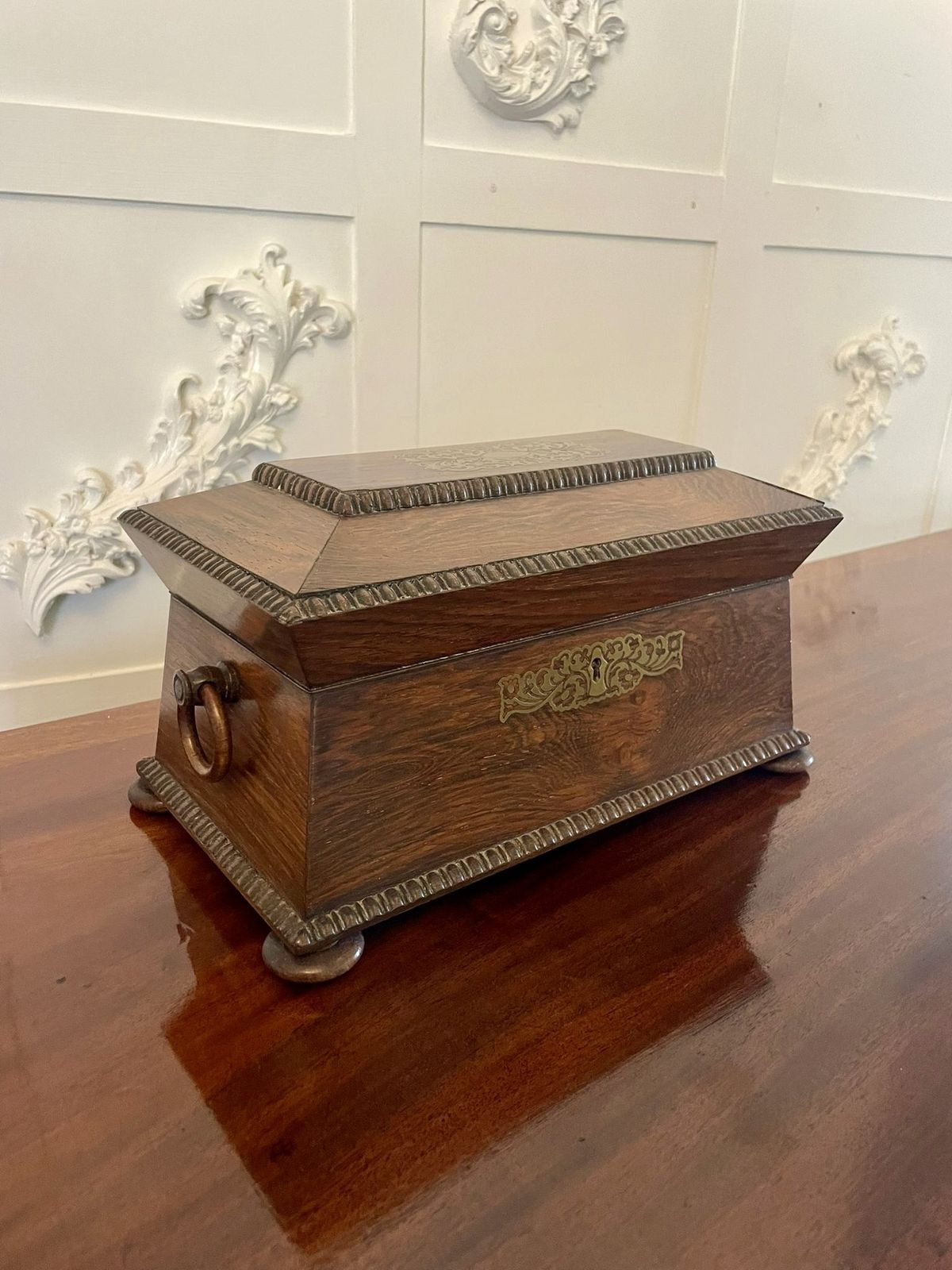 Fine Antique 19th Century Inlaid Brass Rosewood Tea Caddy