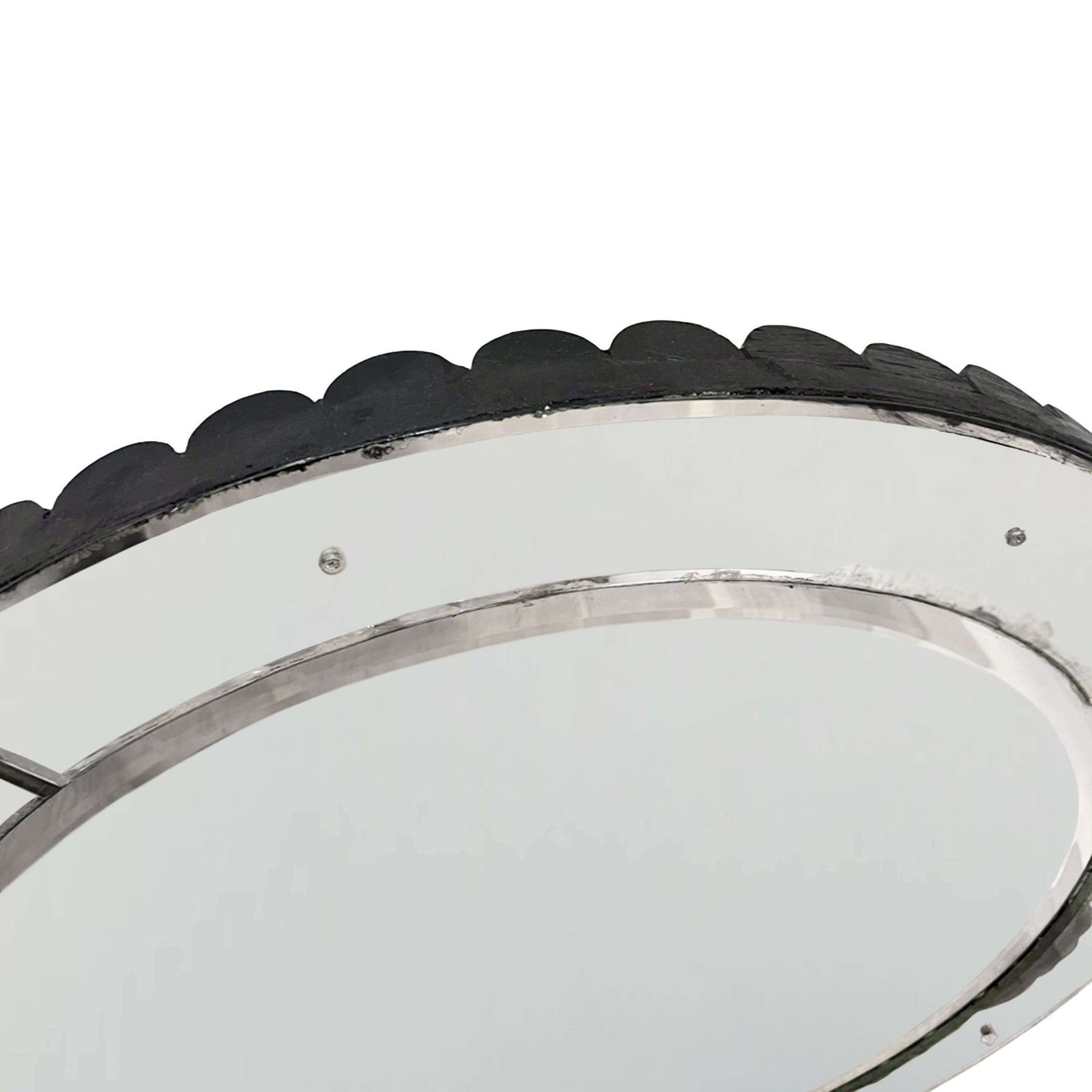 Large French 1920s Round Mirror With Ebonised Scalloped Edge photo Home Decor