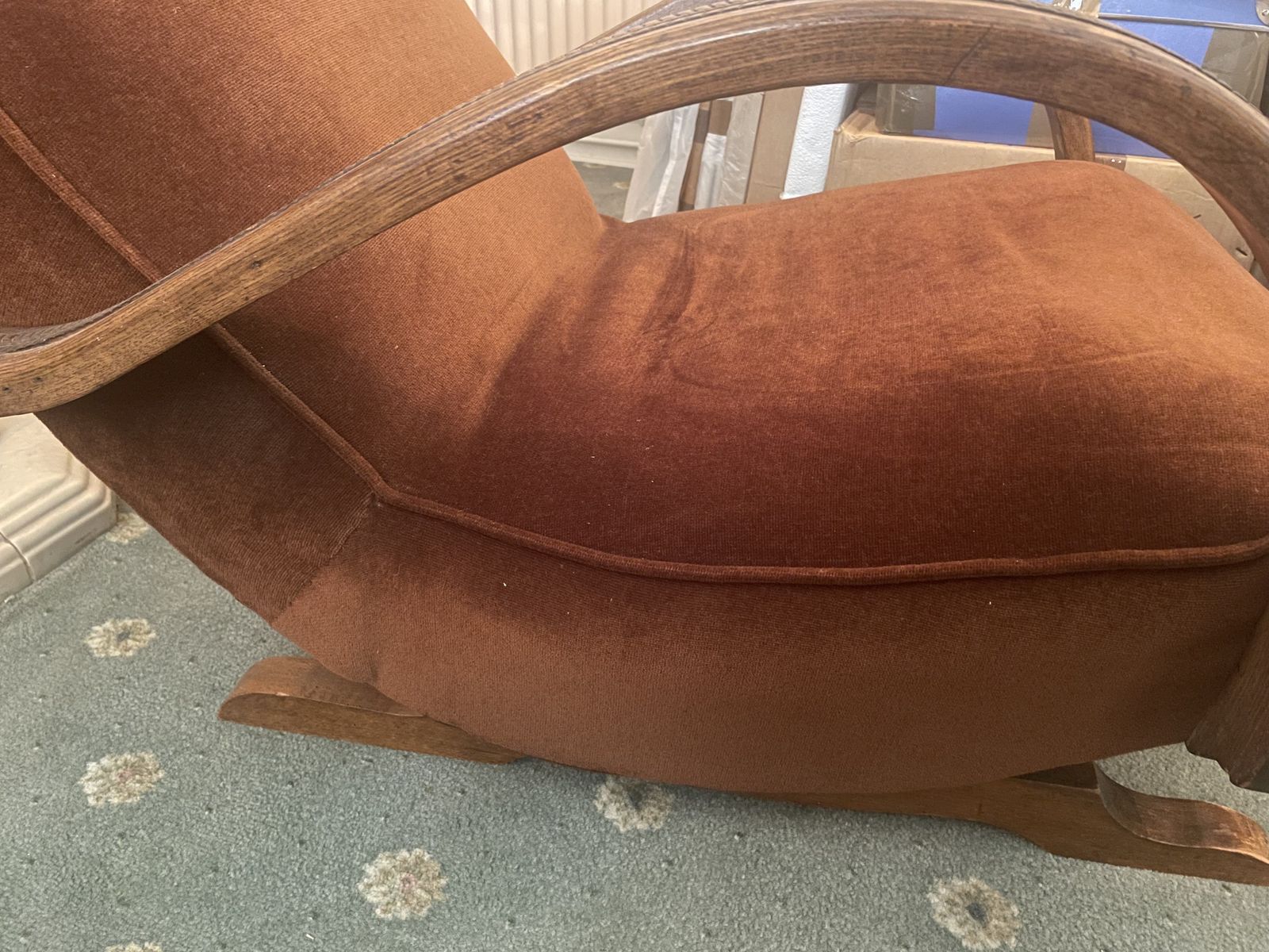A Beautiful Early 20th Century Rocking Chair. The Material Is A Cross Between Velour And Velvet. photo vintage