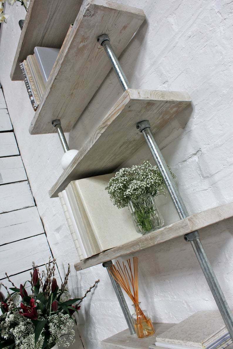 Robyn Adjustable Reclaimed White Washed Scaffolding Boards And Galvanised Steel Pipe Shelves/Bookcase photo 645.0