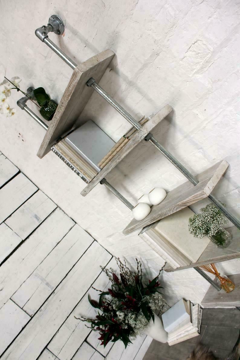 Robyn Adjustable Reclaimed White Washed Scaffolding Boards And Galvanised Steel Pipe Shelves/Bookcase photo vinterior