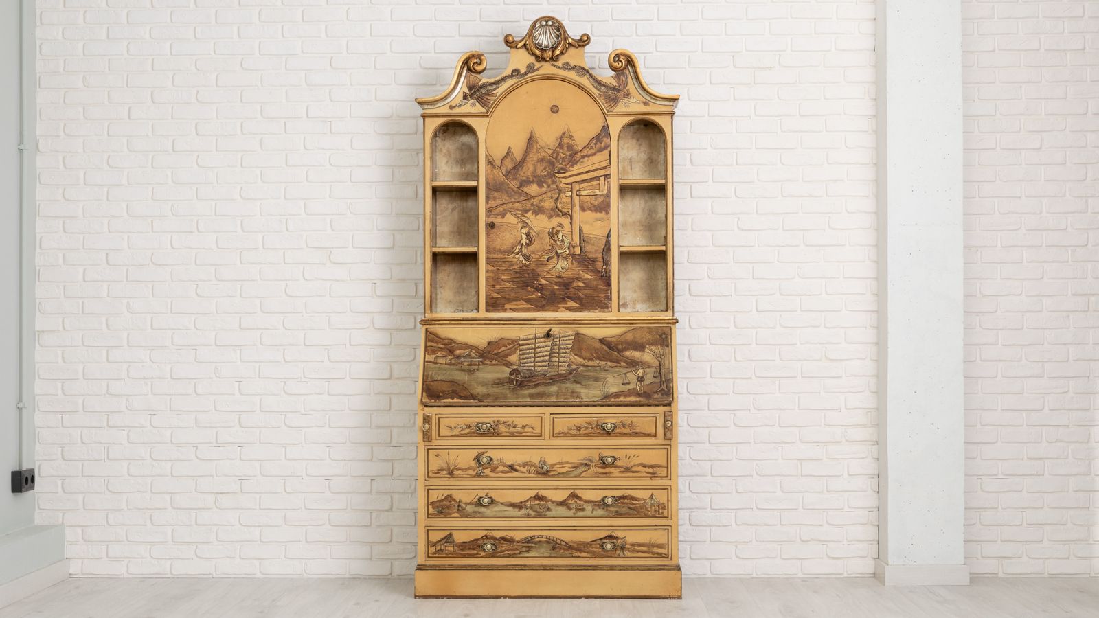 Bureau Bookcase With Oriental Motifs In Relief photo vintage