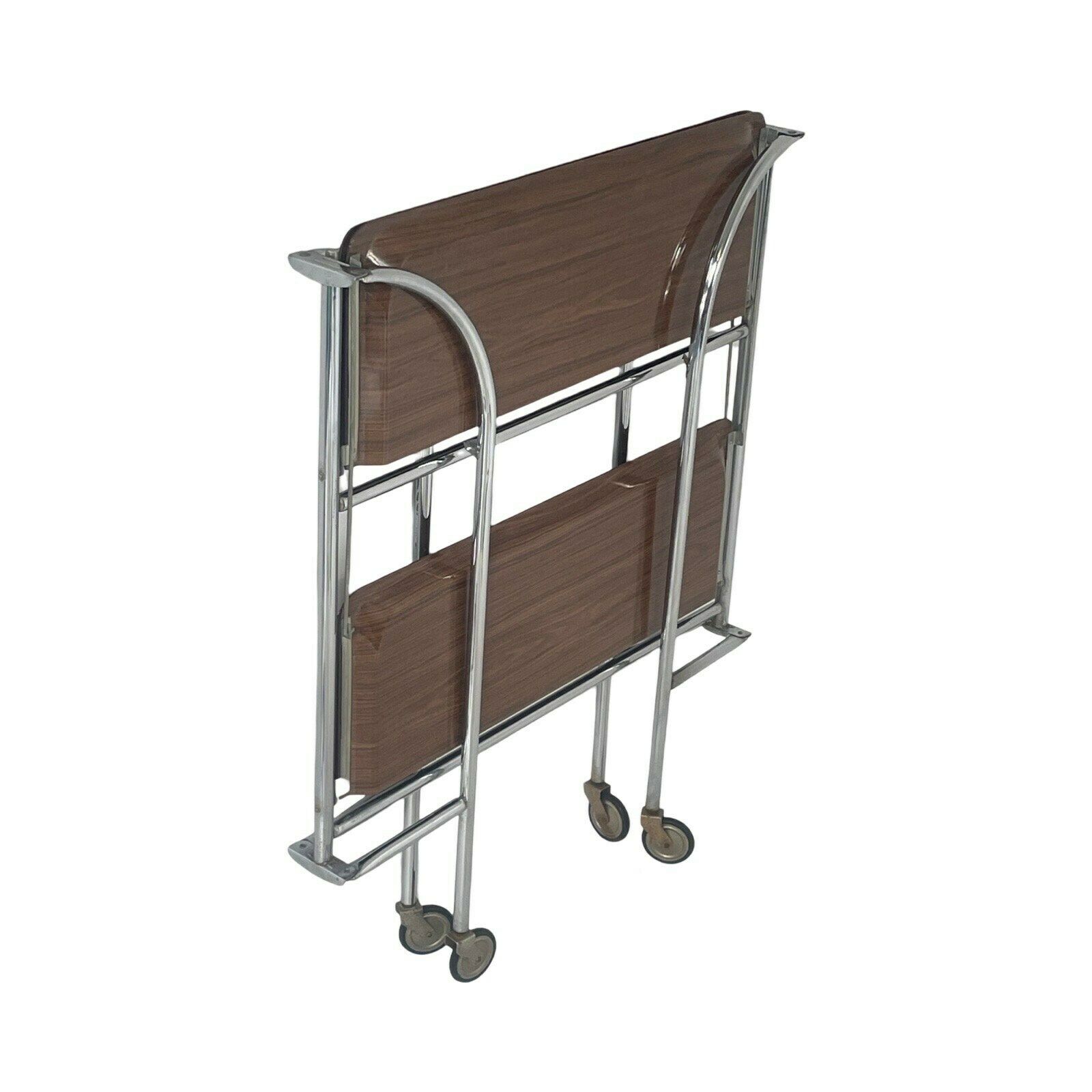 Vintage   Foldable Serving Tray / Tea Trolley   Brown   Chrome Tubular Frame photo vinterior