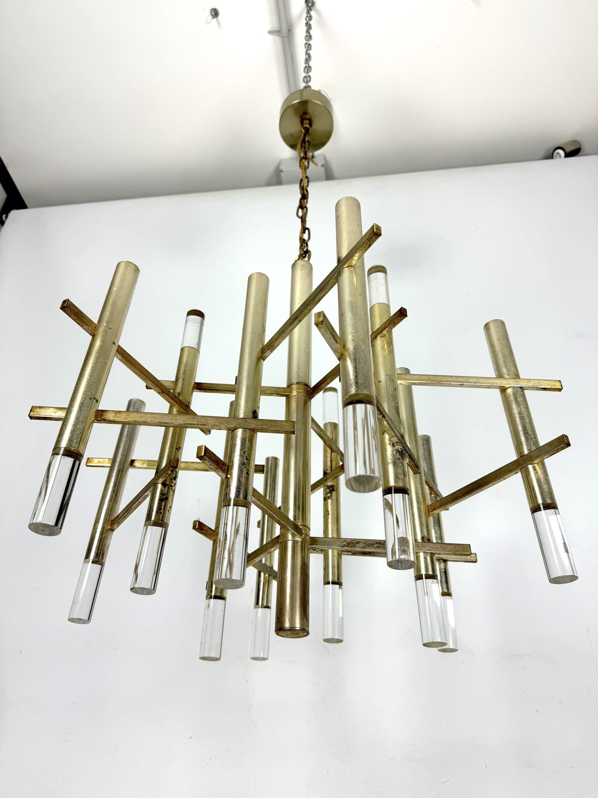 Sciolari 9 Lights Slight Gilded Chrome And Perspex Chandelier Model Ice, Italy 60s photo furniture