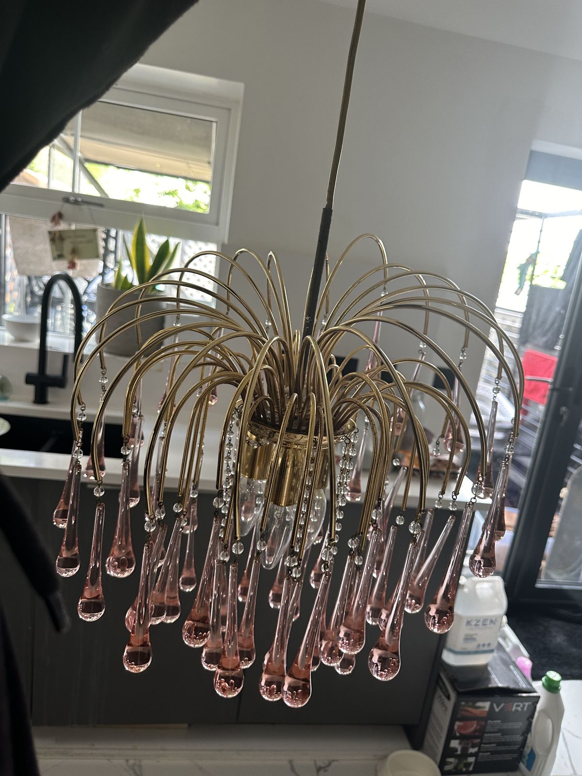 Vintage Brass Teardrop Chandelier With Pink Crystal Murano Glass, 1970's photo for sale