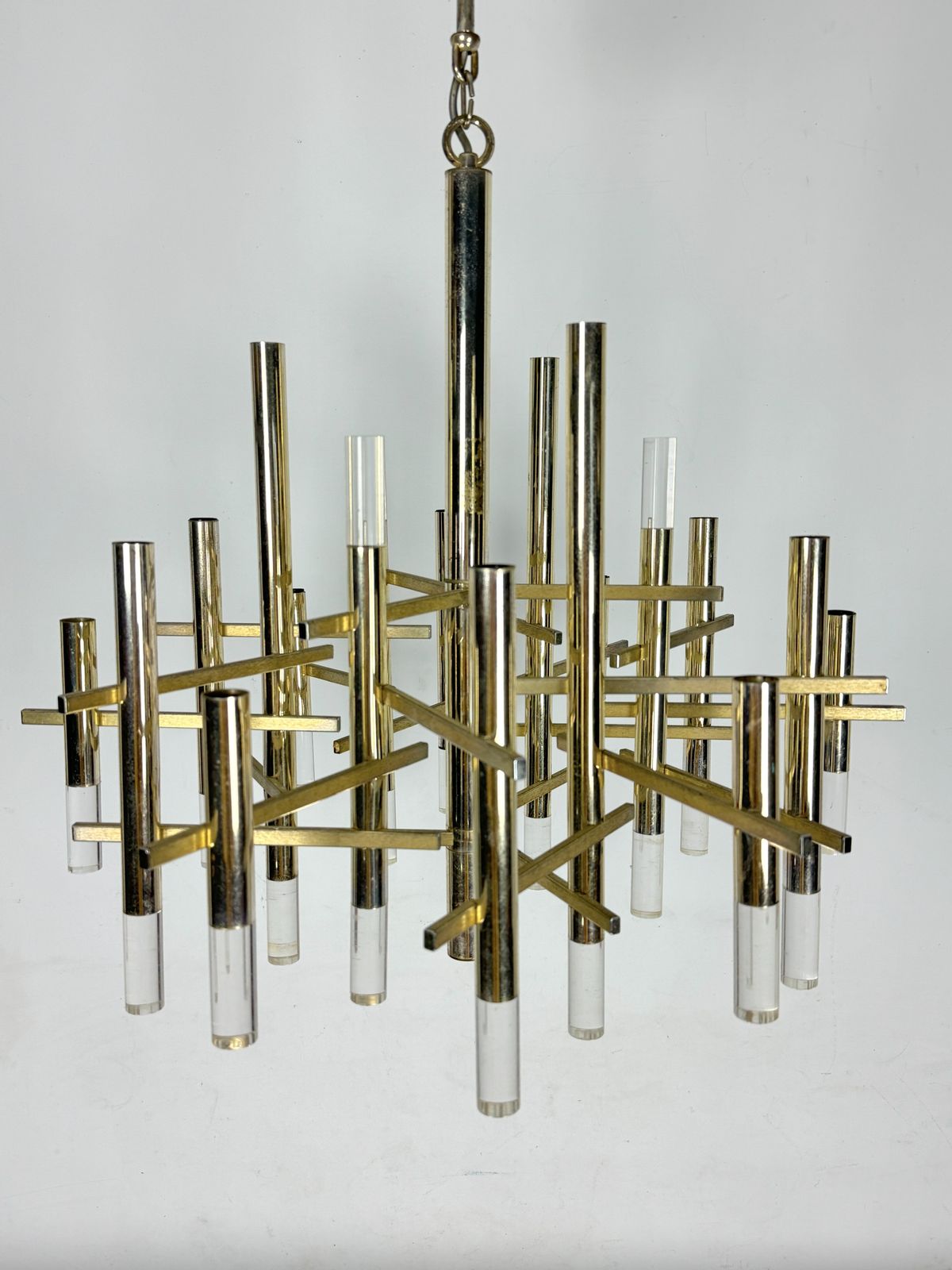 photo for sale Sciolari 15 Lights Slight Gilded Chrome And Perspex Chandelier Model Ice, Italy 60s