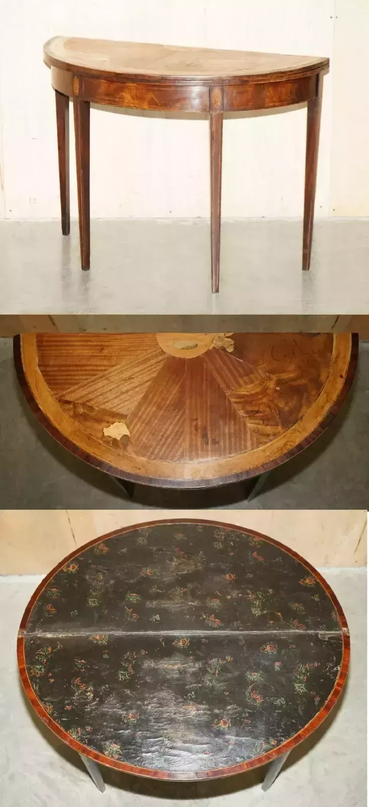 Original Distressed Antique Georgian Sheraton Demi Lune Carved Table Leather Top