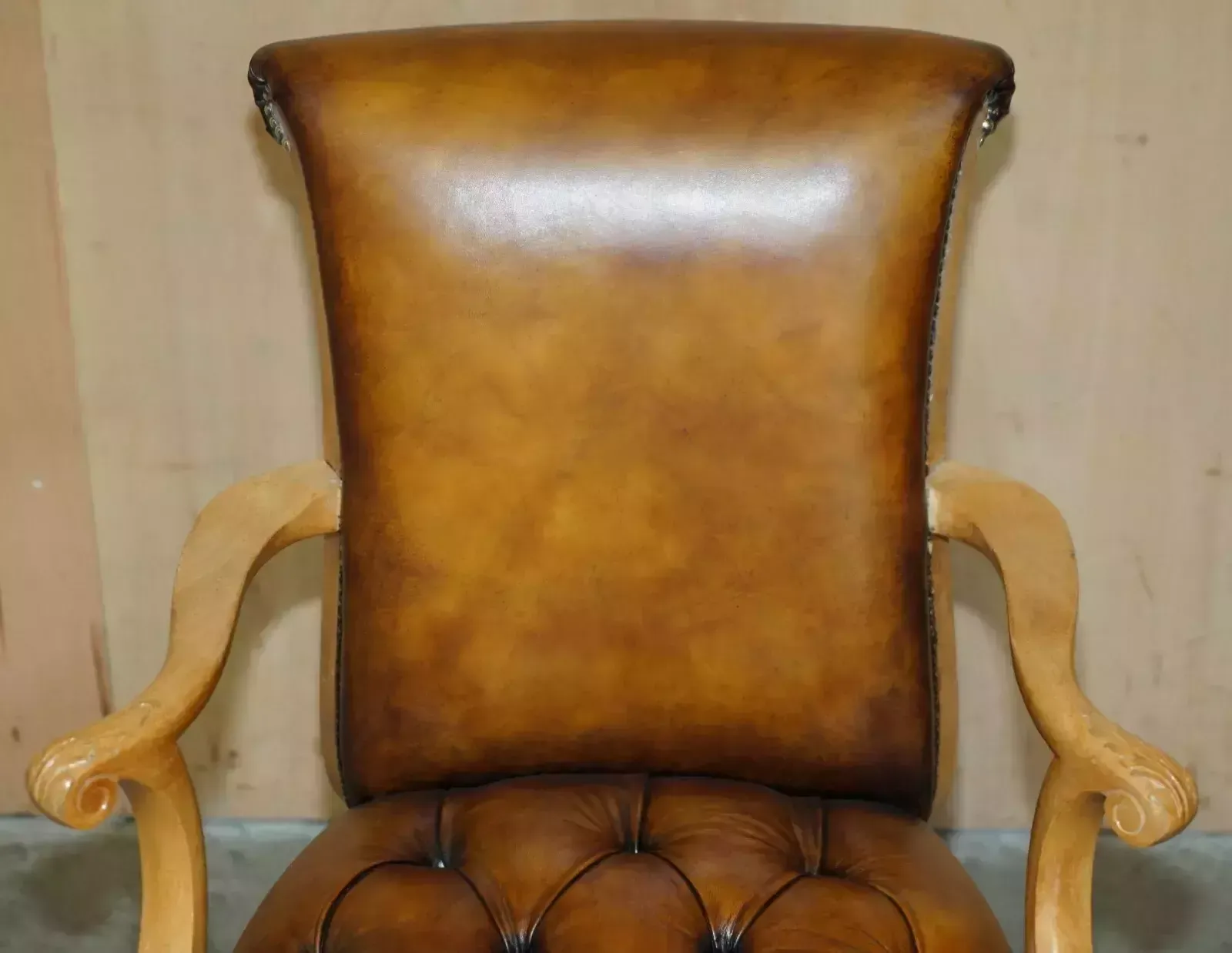 Restored Art Deco 1920's Burr Walnut Brown Leather Chesterfield Office Armchair photo 2850.0