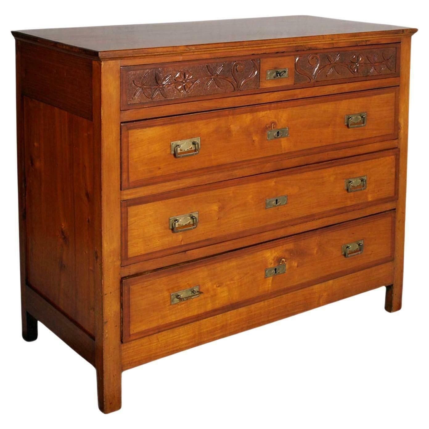 Commode Art Nouveau In Walnut , Four Drawers, Carved, Restored, Wax Polished