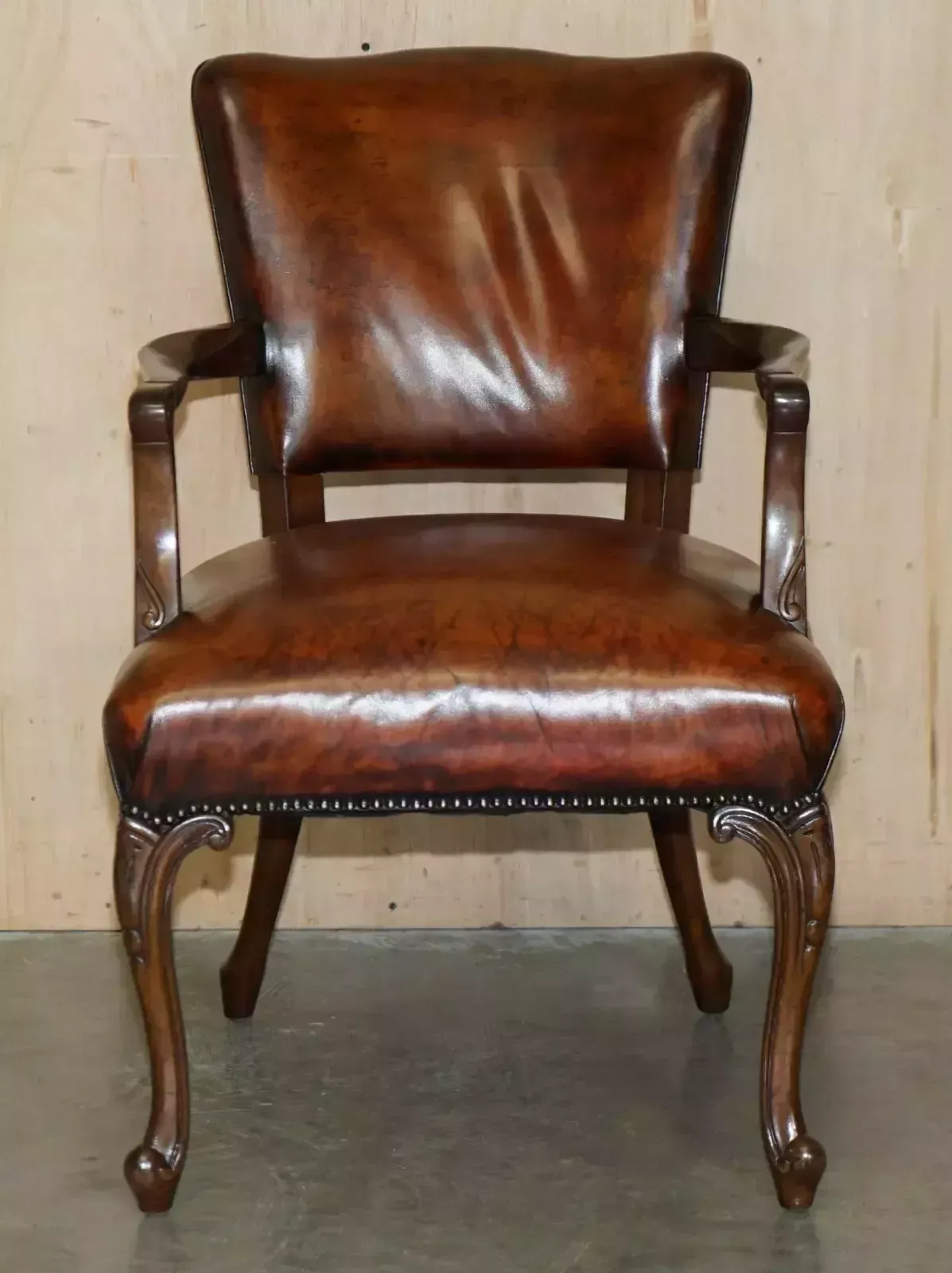 Antique Victorian Restored Hand Dyed Cigar Brown Leather Office Desk Chair photo furniture