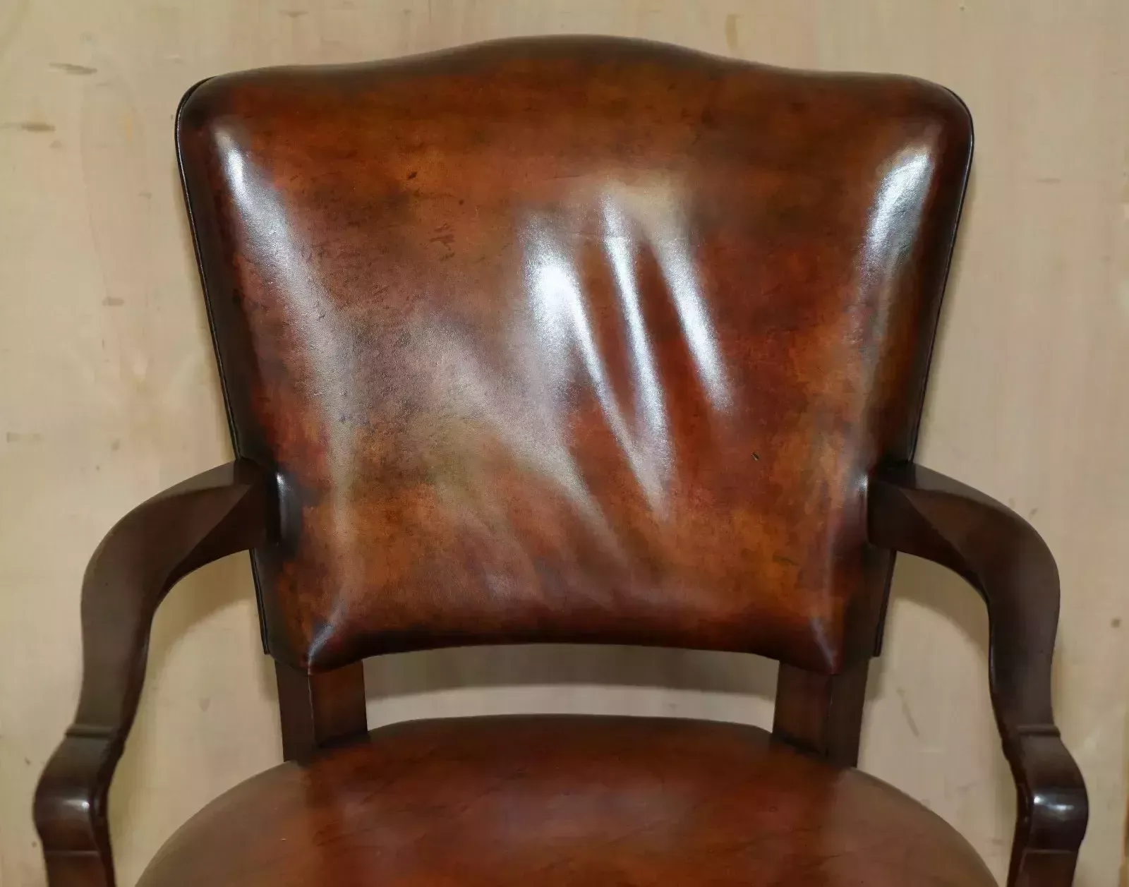 Antique Victorian Restored Hand Dyed Cigar Brown Leather Office Desk Chair photo for sale