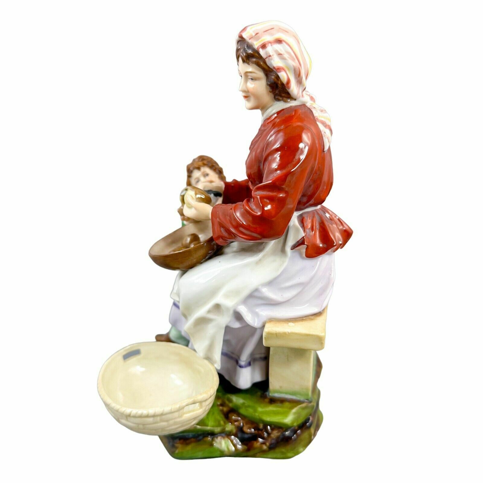 Antique German 1890's Thuringian Porcelain Figurine Of Woman Peeling Potatoes photo for sale