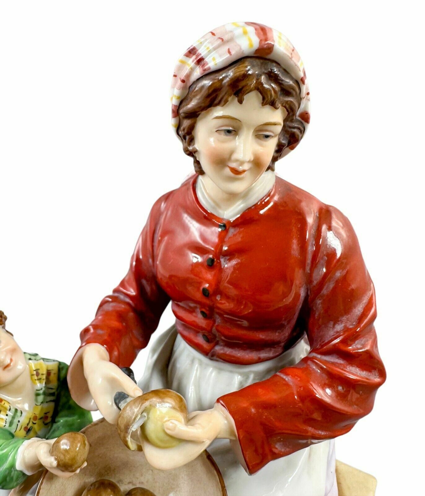 200.0 Antique German 1890's Thuringian Porcelain Figurine Of Woman Peeling Potatoes photo
