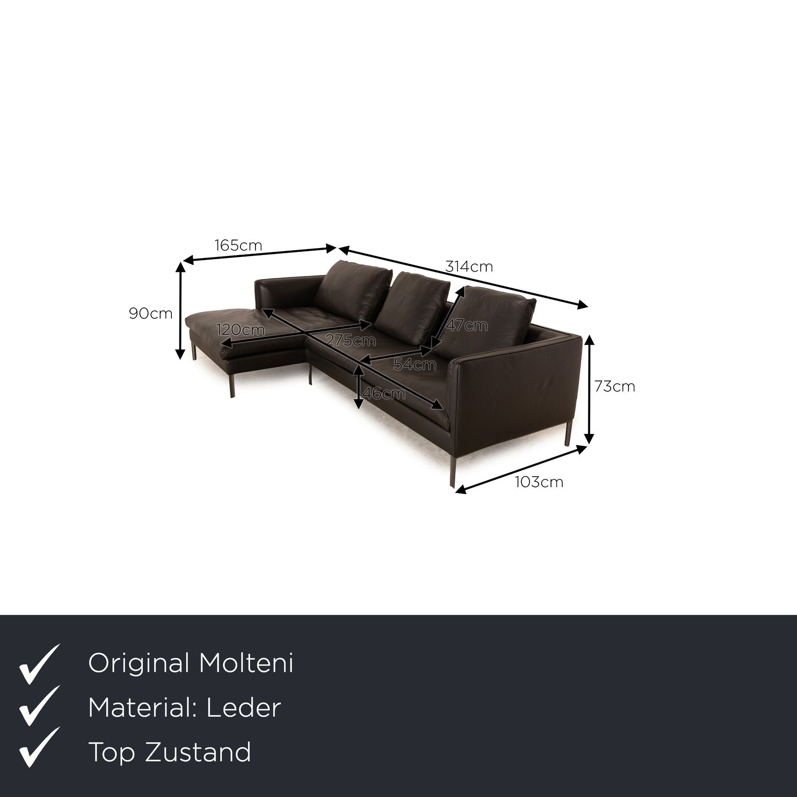 Canapé d'angle Molteni Paul en cuir noir, méridienne gauche photo furniture
