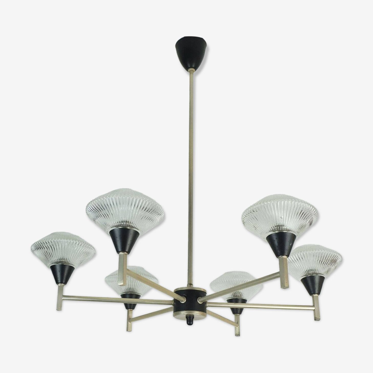 6 Light Chandelier In Glass, Aluminum And Metal, Early 1960s