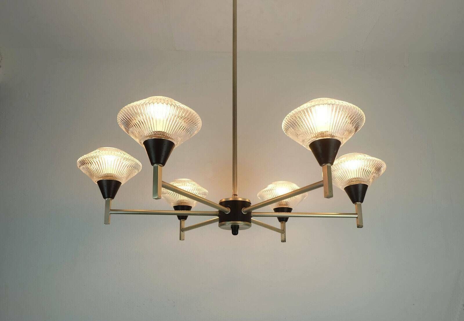 photo for sale 6 Light Chandelier In Glass, Aluminum And Metal, Early 1960s