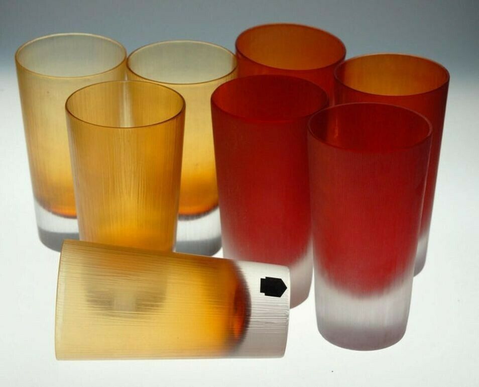 photo furniture Cenedese, 8 Tumblers Red Or Amber, Incisi Velati Heavy Sommerso Murano Glass