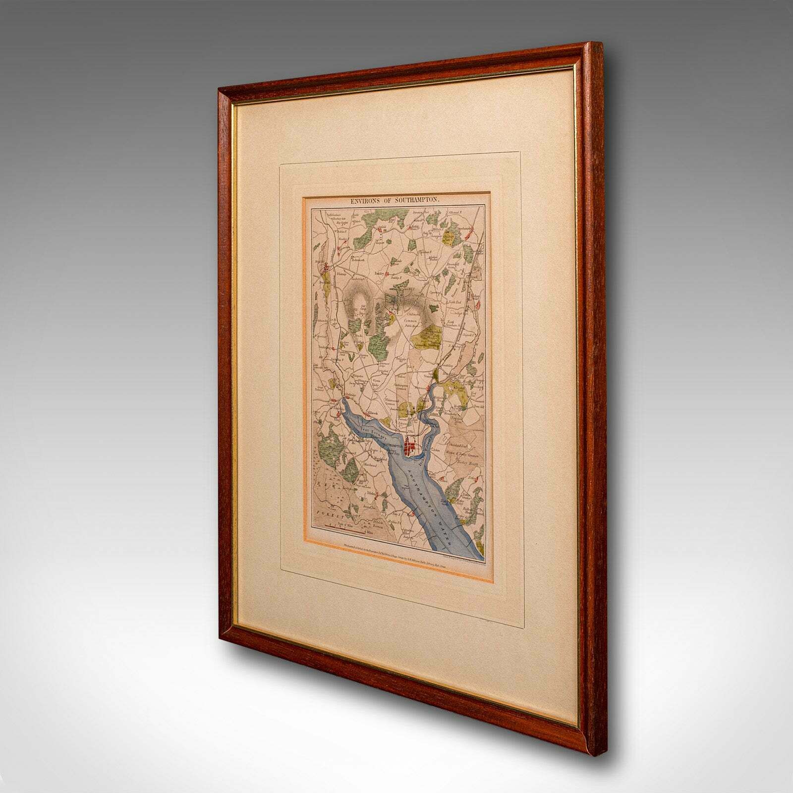 Antique Lithography Map, Environs Of Southampton, English, Framed, Victorian photo for sale