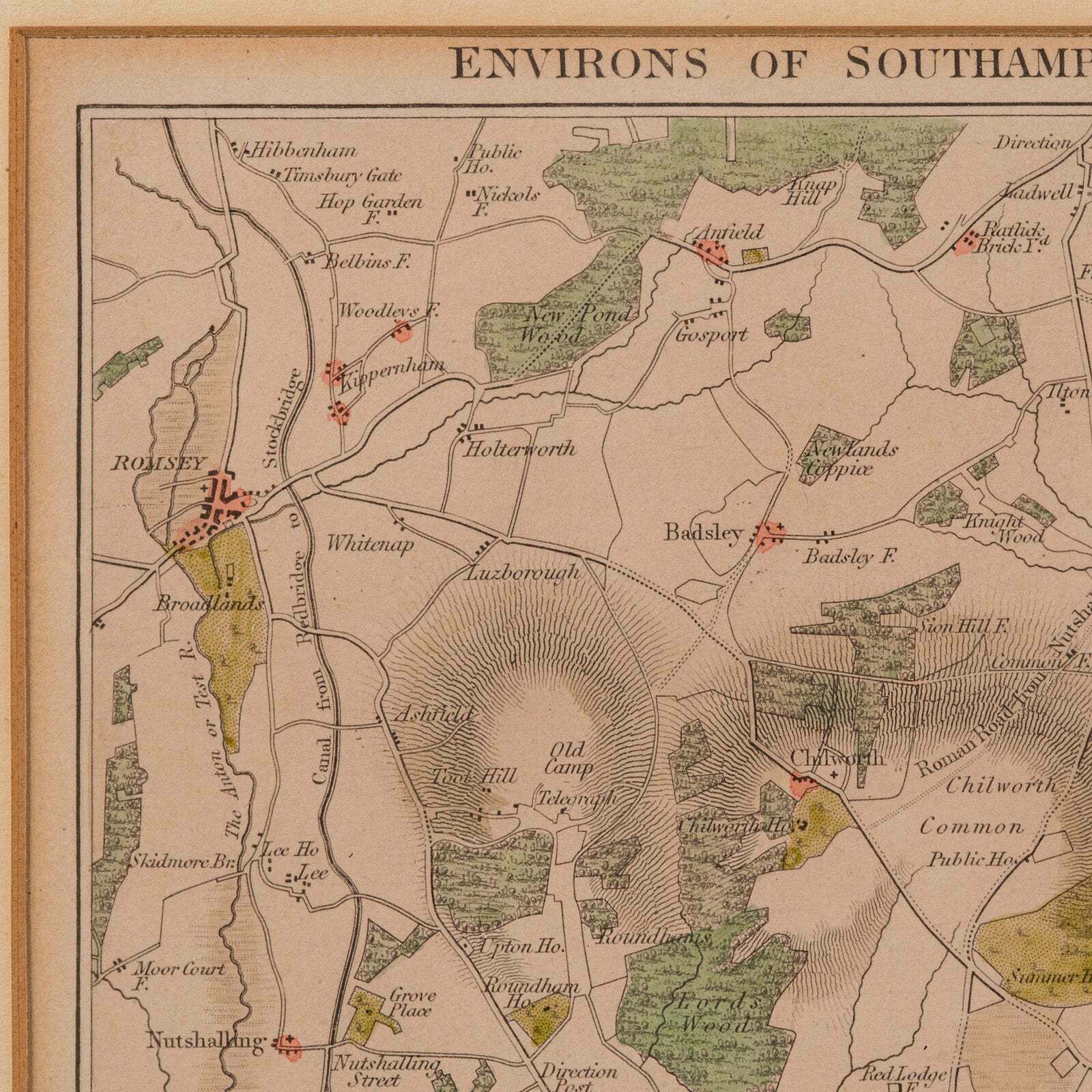 Antique Lithography Map, Environs Of Southampton, English, Framed, Victorian photo vinterior