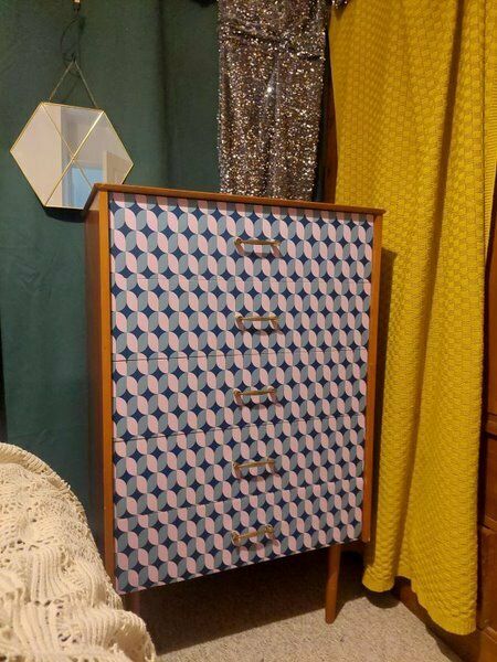 Mid Century Chest Of Draws With Retro Vinyl Print photo for sale