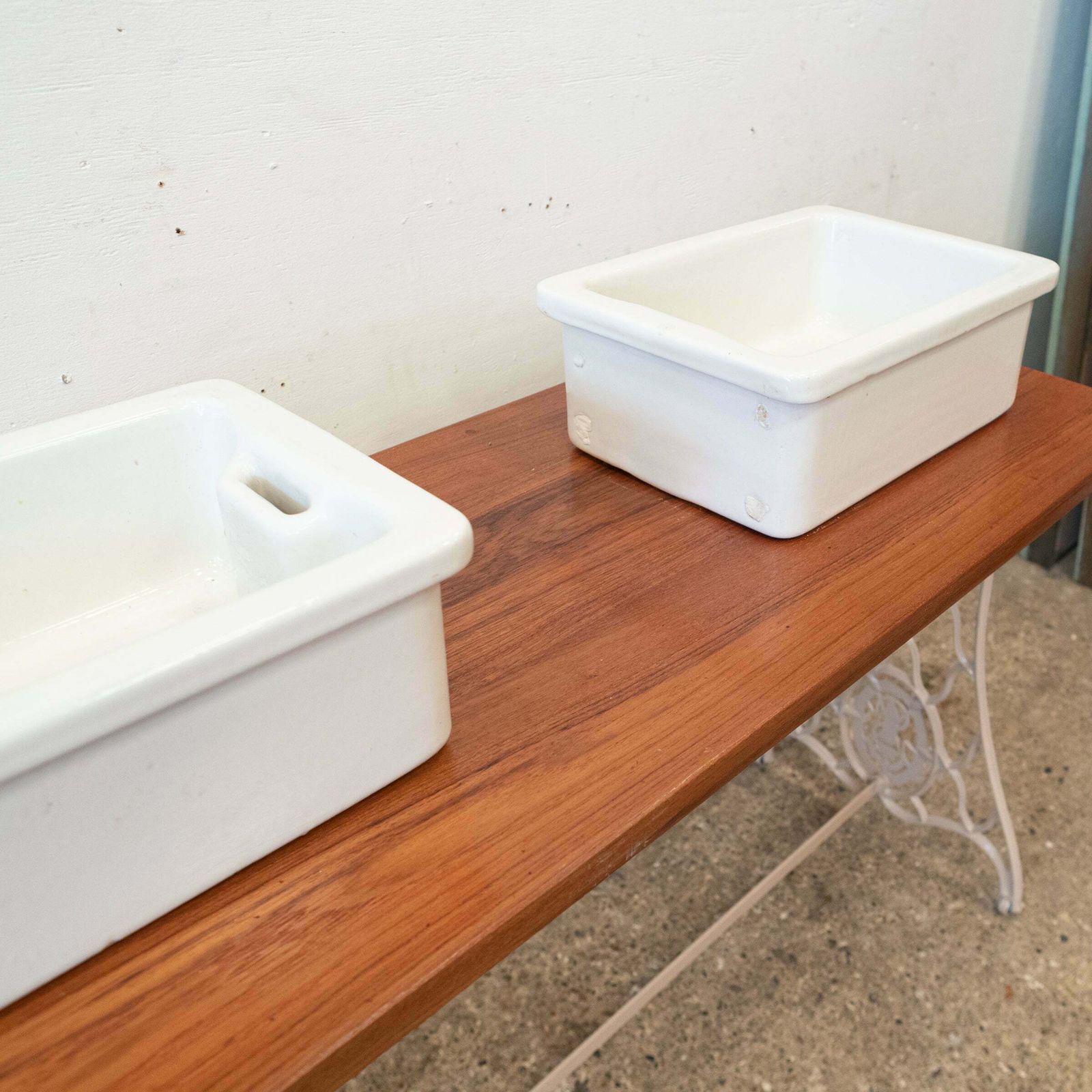 photo for sale Twin Countertop Butler Sinks On Reclaimed Cast Iron And Teak Unit