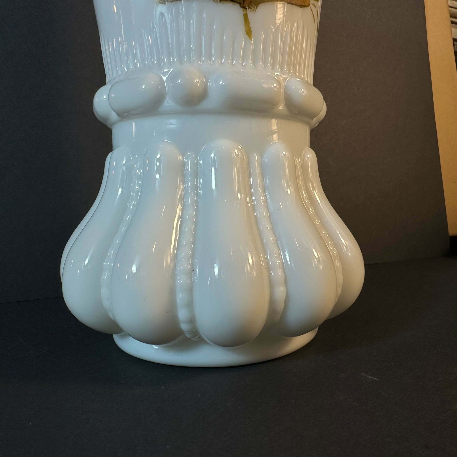 Beautiful French Antique White Milk Glass Vase Handpainted Gold/Orange photo for sale