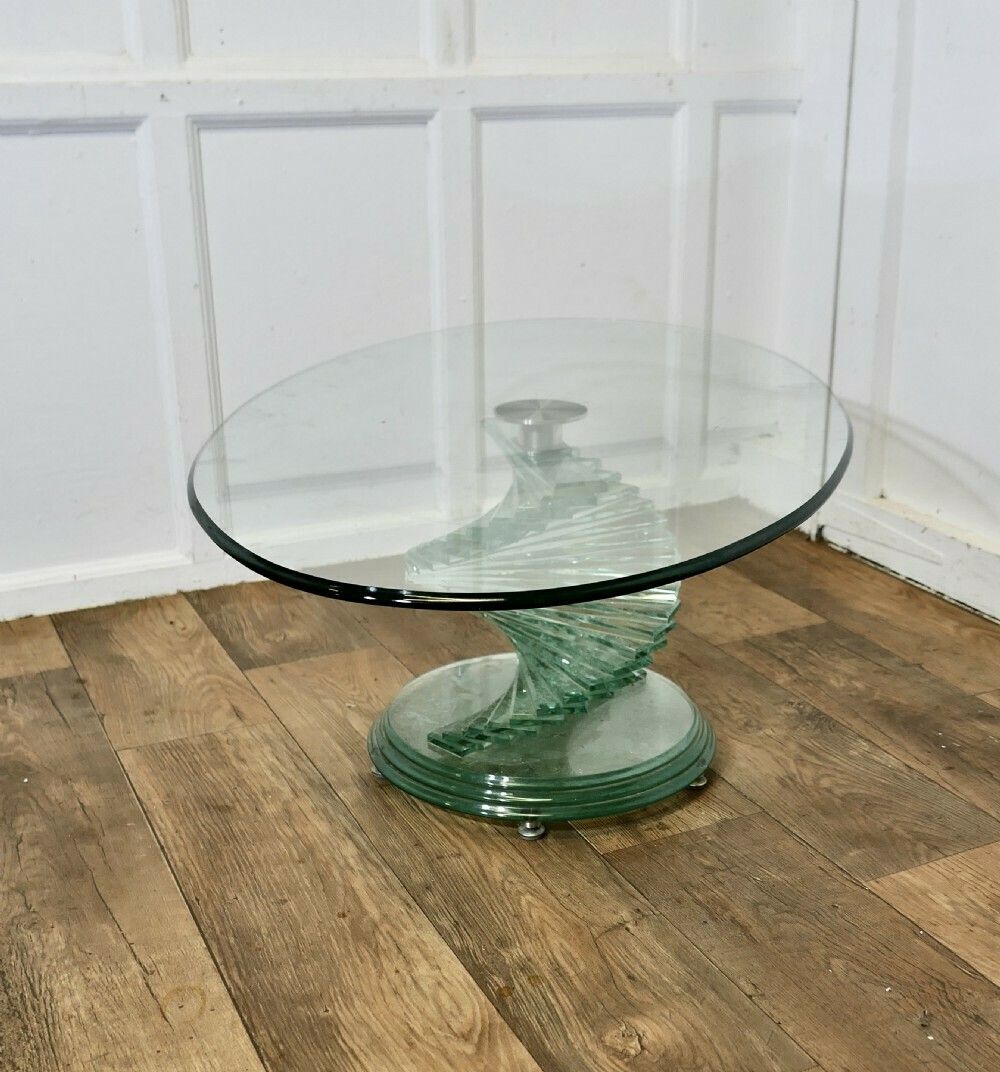 1970s Retro Design Glass Coffee Table Set On A Glass Spiral Helix photo for sale