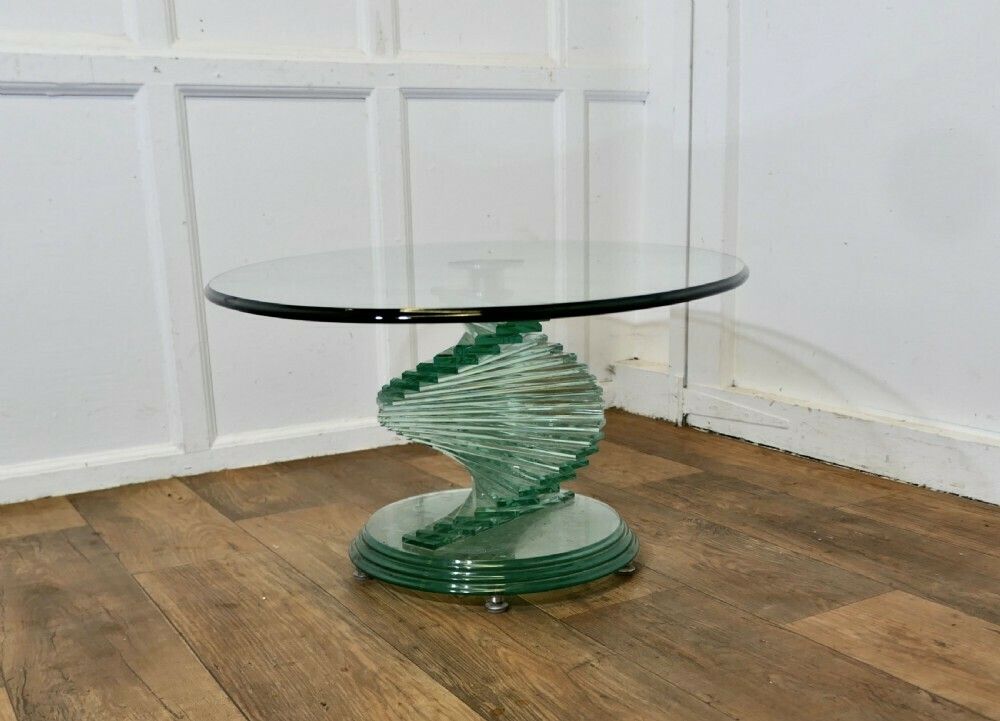 1970s Retro Design Glass Coffee Table Set On A Glass Spiral Helix photo vinterior