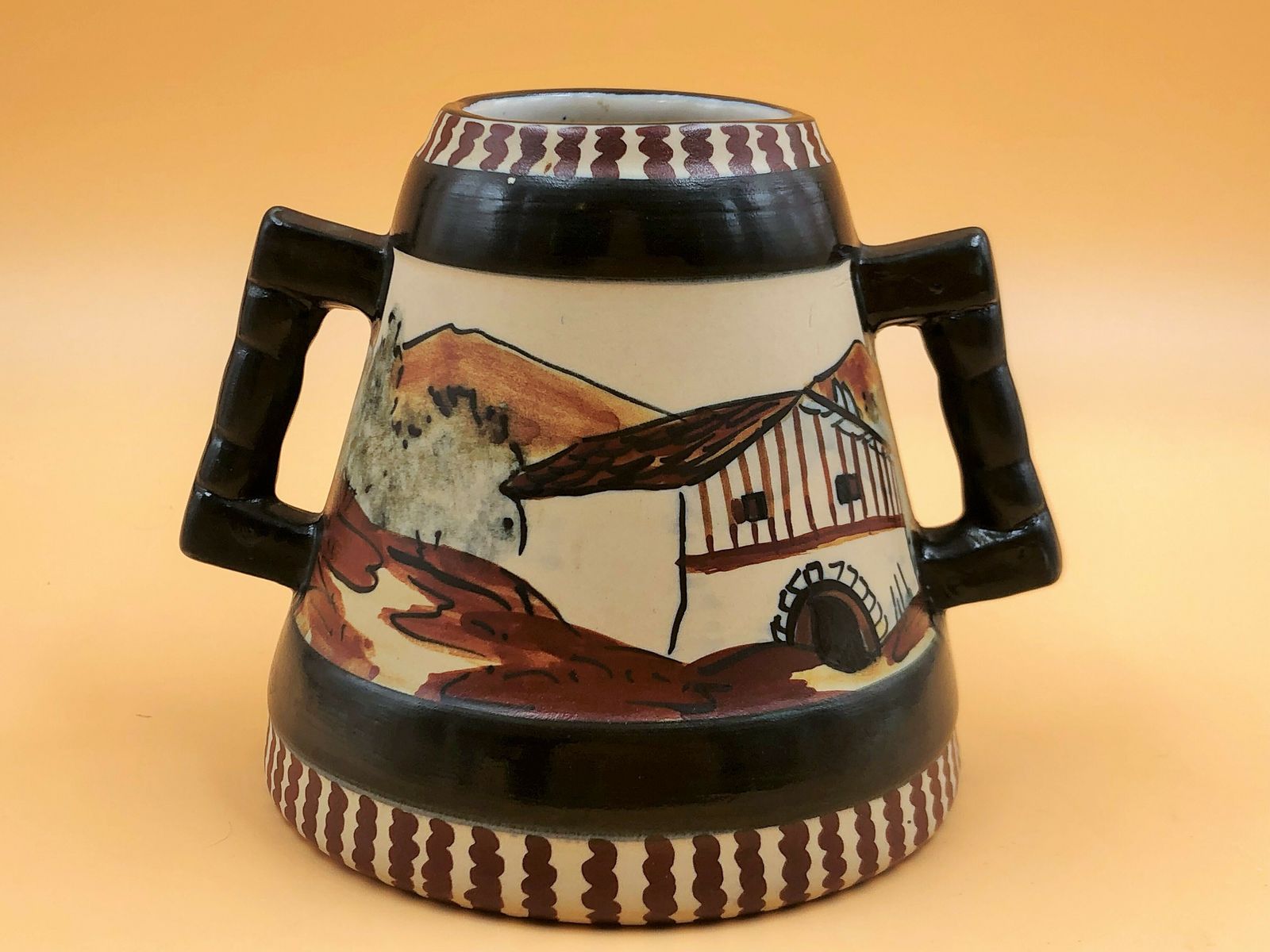 R F Ciboure Basque Stoneware Twin Handled Design Studio Pottery Vase. Signed   Folgous. C1945   77. photo for sale