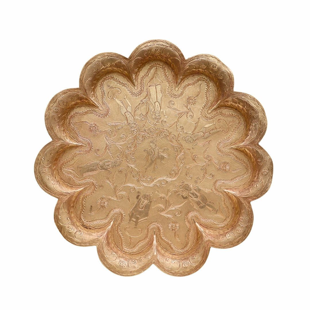 Large Antique Indian Hand Engraved Brass Tray With Figural And Foliate Decoration And Scalloped Edges Diameter 16 '' photo Home Decor