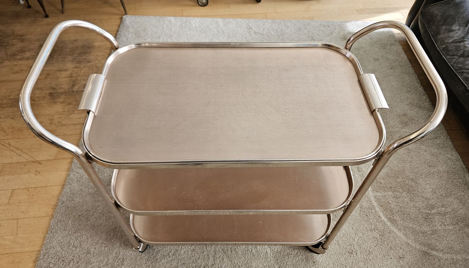 photo for sale Vintage Pink Anodised Trolley | Plyware | 3 Shelves | Lift Out Upper Section | Excellent