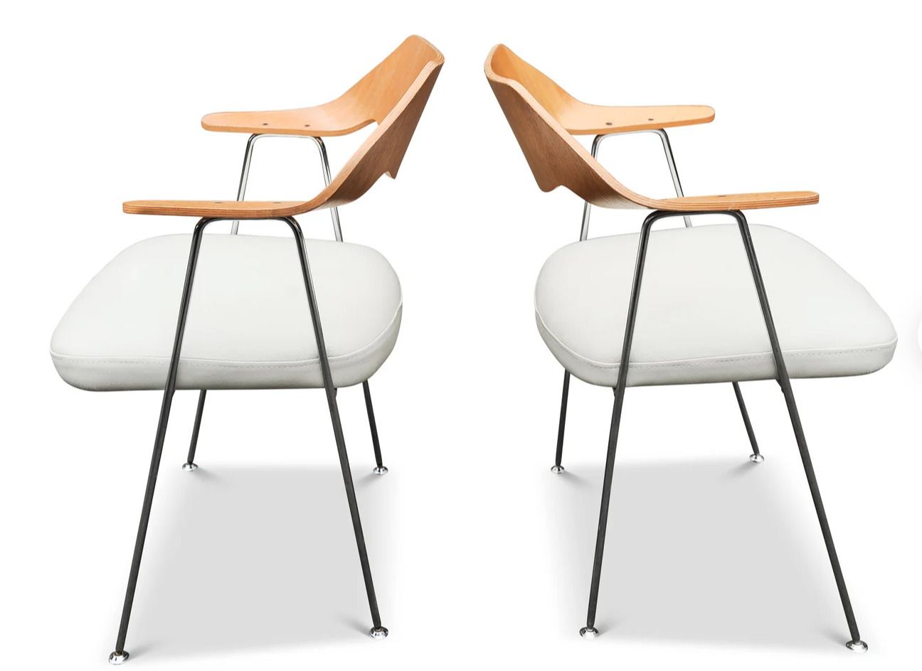 Pair Of Hille By British Designer Robin Day Model 675 Bent Oak Plywood & Chrome Easy Chair With White Leather Seats 1960's Made In England Ol photo for sale