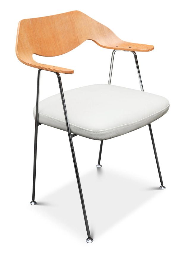 Pair Of Hille By British Designer Robin Day Model 675 Bent Oak Plywood & Chrome Easy Chair With White Leather Seats 1960's Made In England Ol photo vinterior