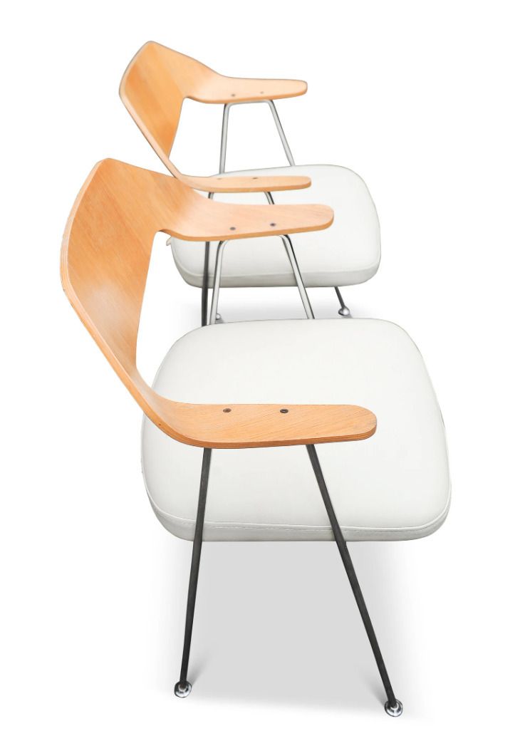Pair Of Hille By British Designer Robin Day Model 675 Bent Oak Plywood & Chrome Easy Chair With White Leather Seats 1960's Made In England Ol photo vintage