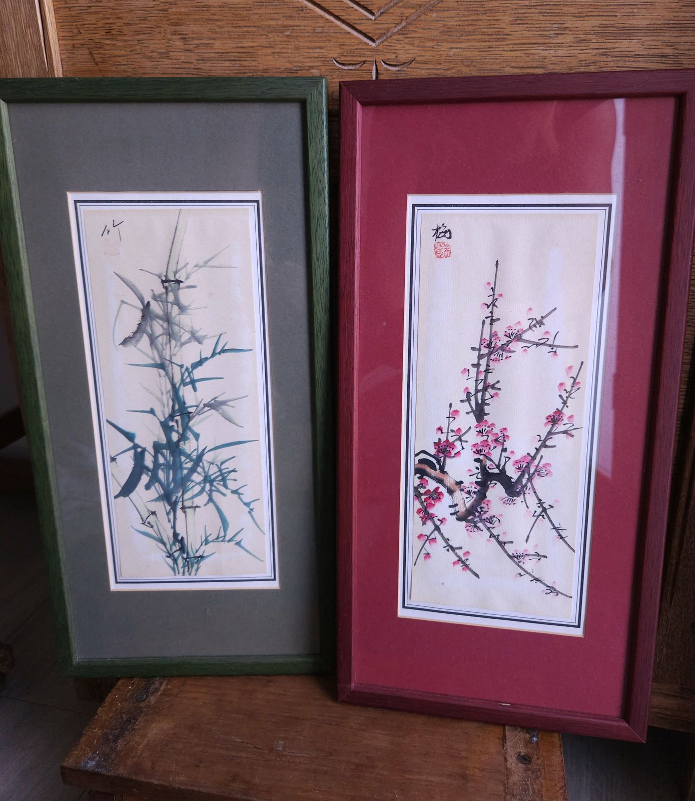 Pair Of Pretty Japanese Watercolours, Pink Cherry Blossom & Green Bamboo