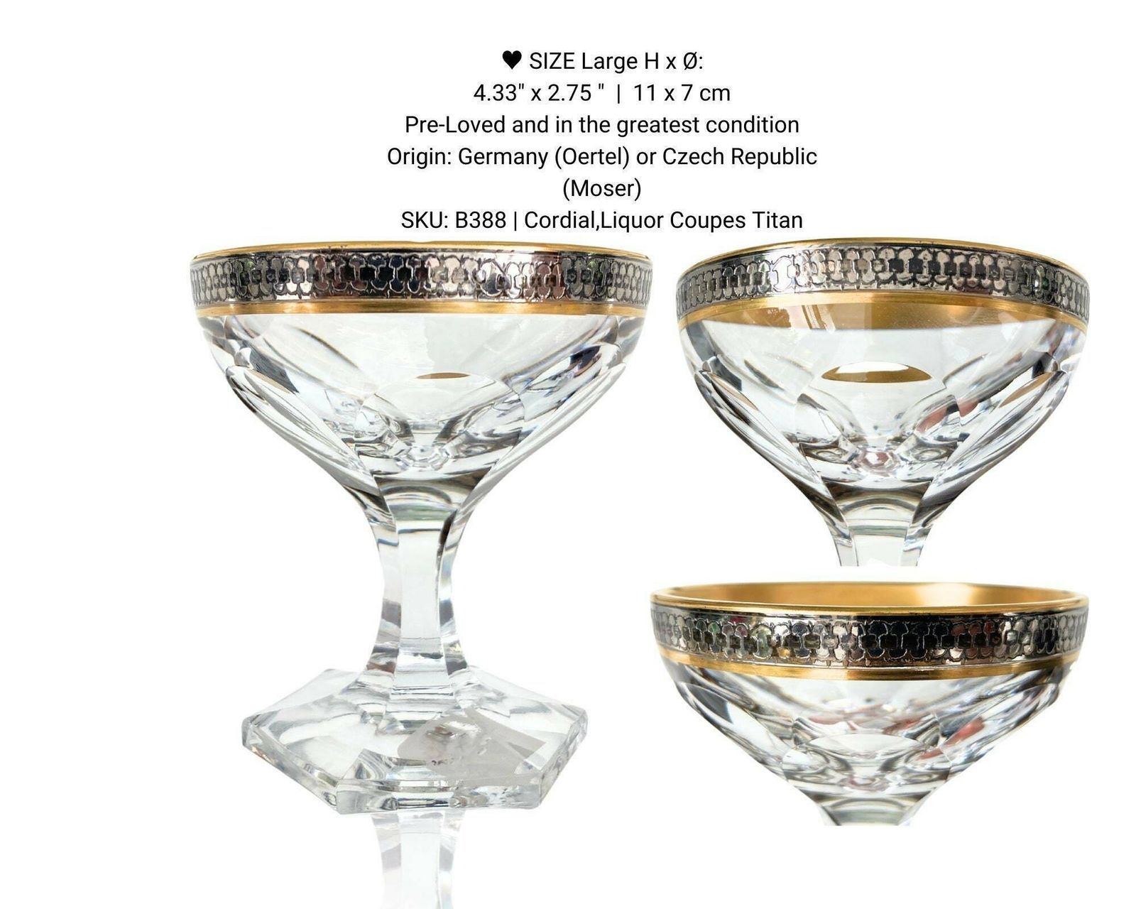 Crystal Heavy Cordial Glasses | 5pcs | Rare Titanium Trim | Lady Hamilton Style | Hexagon Foot photo furniture