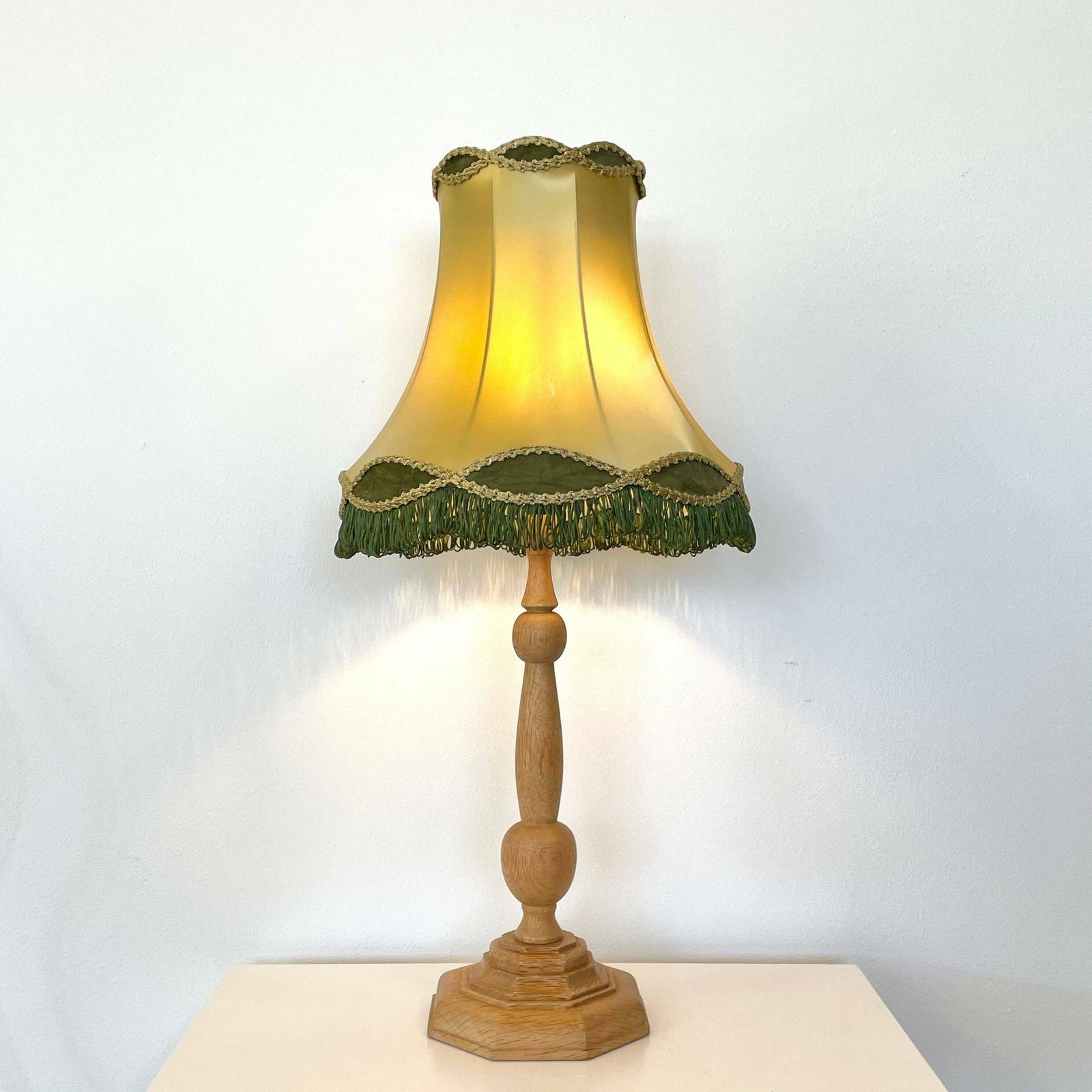 Majestic Danish Mid Century Vintage 1960s Solid Carved Wood Table Lamp With Gorgeous Green And Gold Fabric Shade In Elegant Design Details