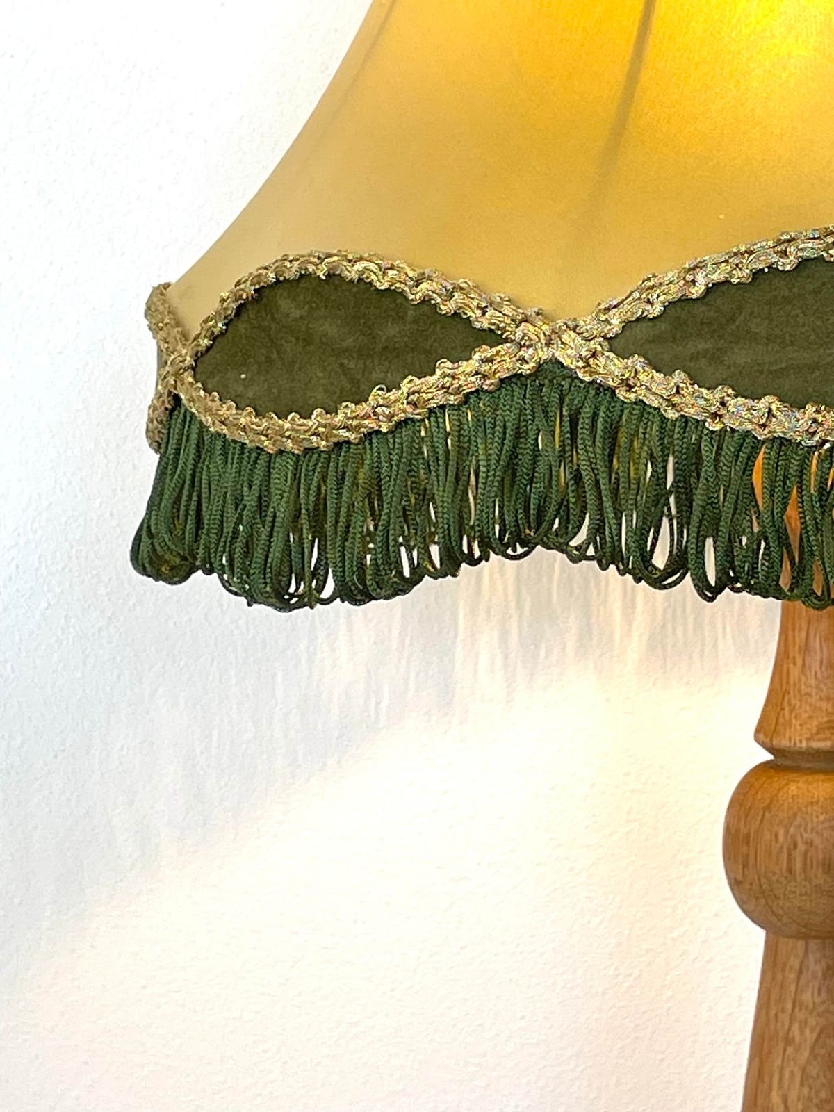 Majestic Danish Mid Century Vintage 1960s Solid Carved Wood Table Lamp With Gorgeous Green And Gold Fabric Shade In Elegant Design Details photo for sale