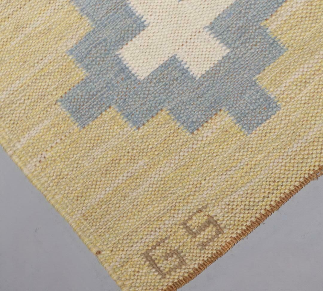 Swedish Kilim Flat Weave Rug Yellow, Signed Gs Sverker Greuholm Geometric photo for sale