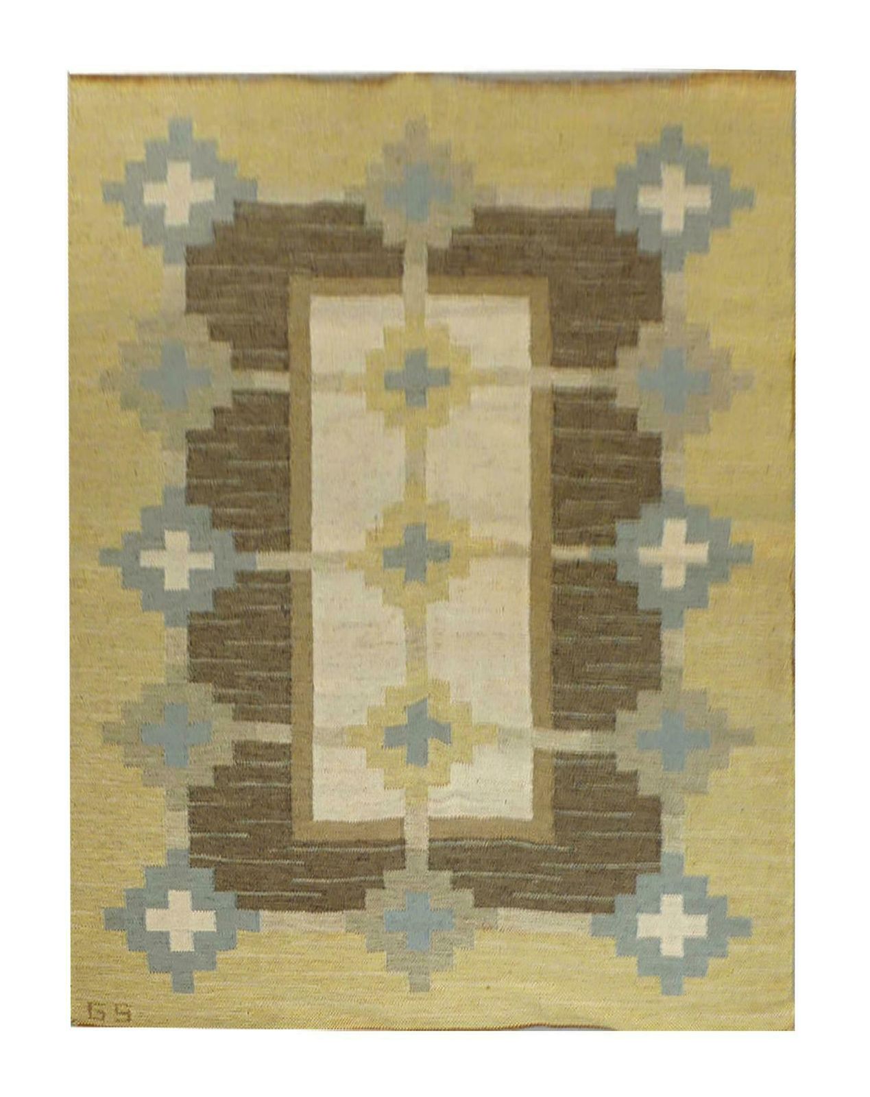 Swedish Kilim Flat Weave Rug Yellow, Signed Gs Sverker Greuholm Geometric photo Textiles