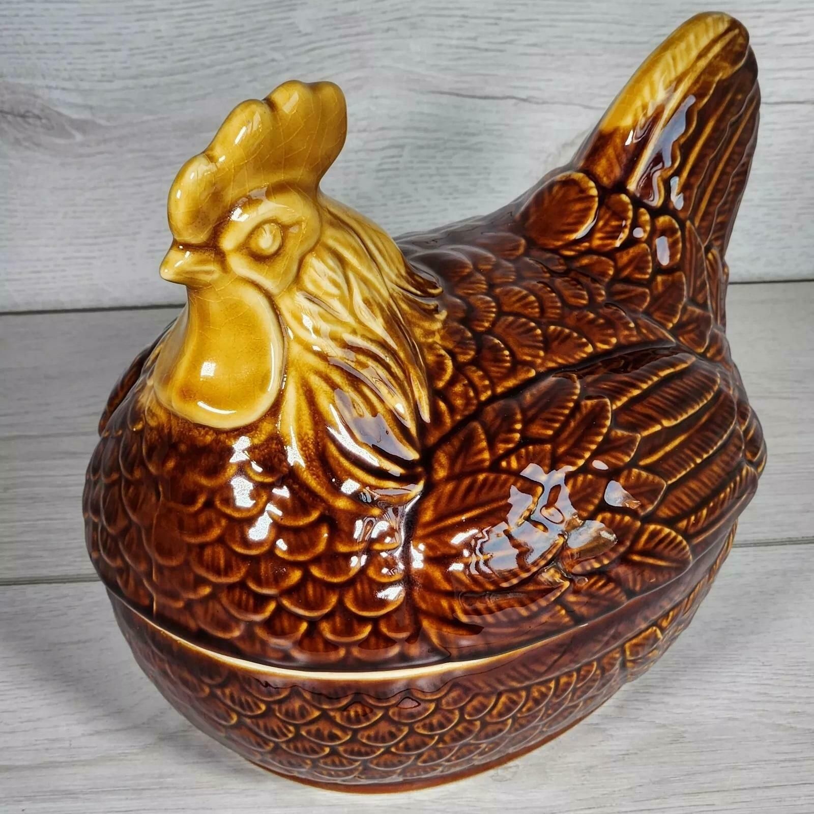 Chicken Hen Egg Holder Farmhouse Country Home Decor Japan Brown Glaze Vtg Dish photo Home Decor