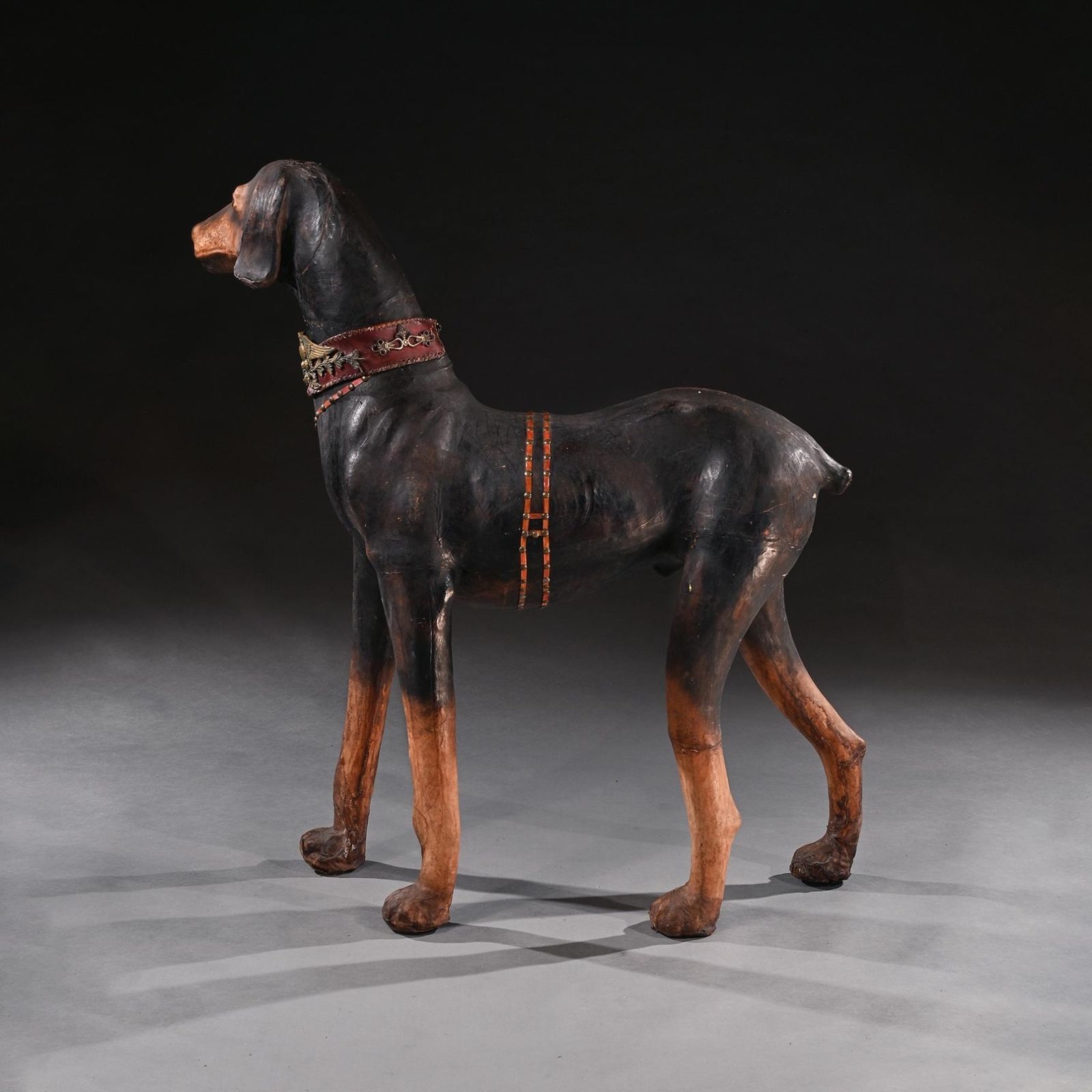 An Extraordinary Huge French Leather Model Of A Doberman Pinscher Dog Wearing Elaborate Collar With Ormolu Mounts And Harnesses photo furniture