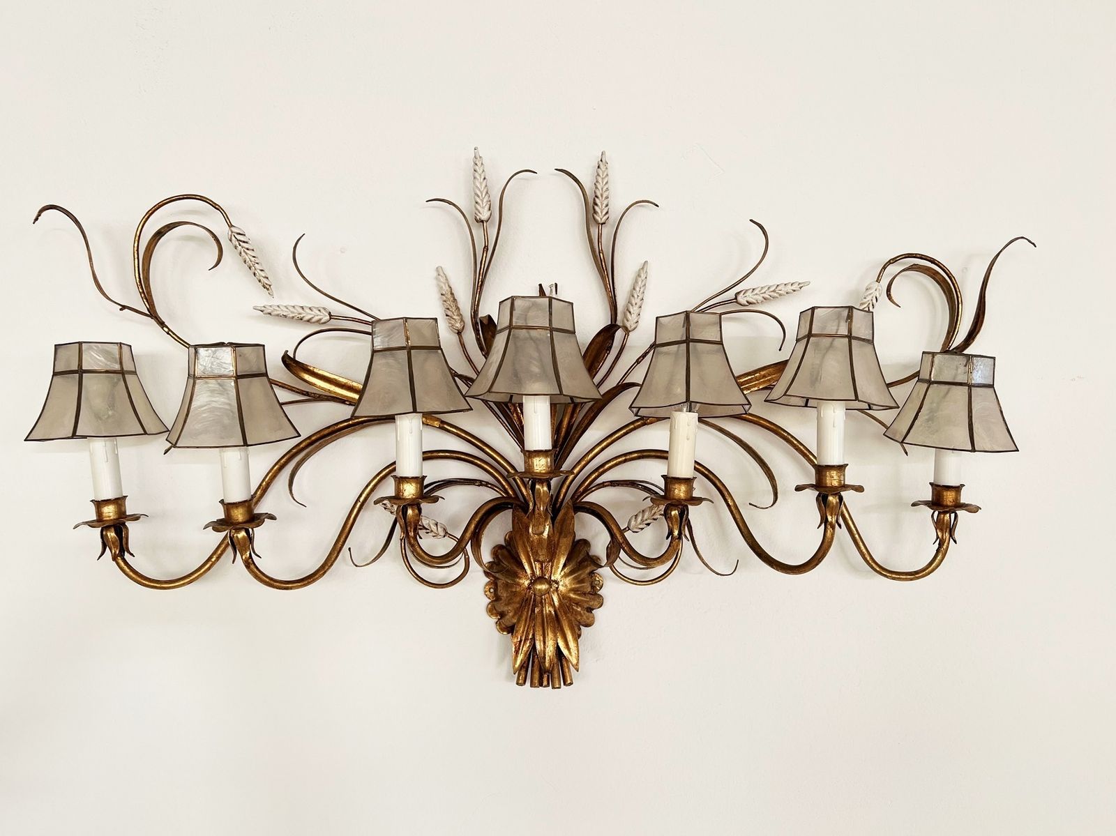 Large Gilt Wall Sconce With Wheat Sheaf And Original Lampshades, 1970s