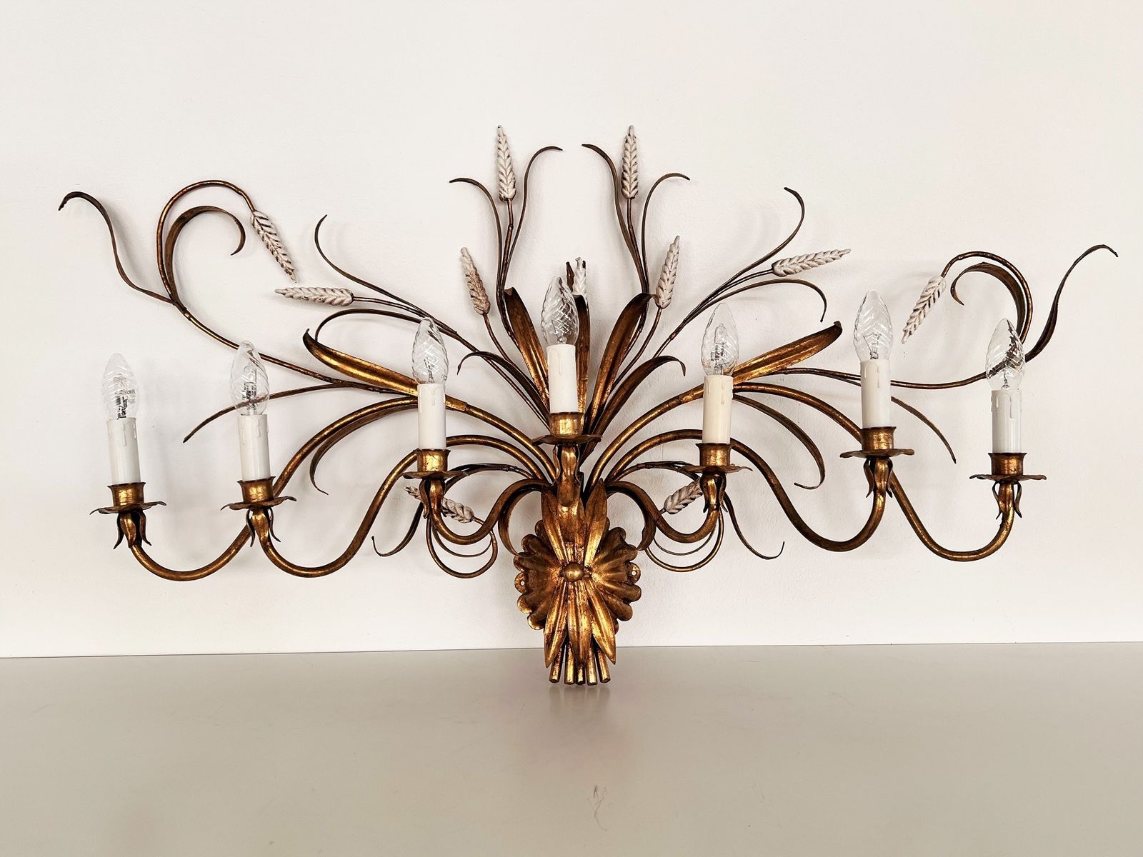 Large Gilt Wall Sconce With Wheat Sheaf And Original Lampshades, 1970s photo for sale