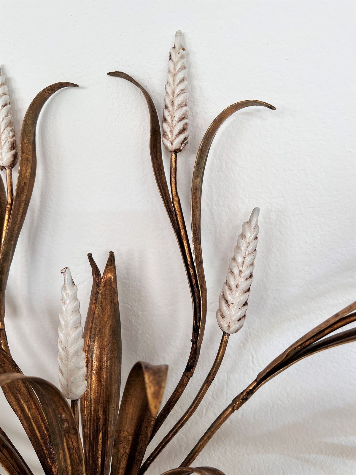 photo furniture Large Gilt Wall Sconce With Wheat Sheaf And Original Lampshades, 1970s