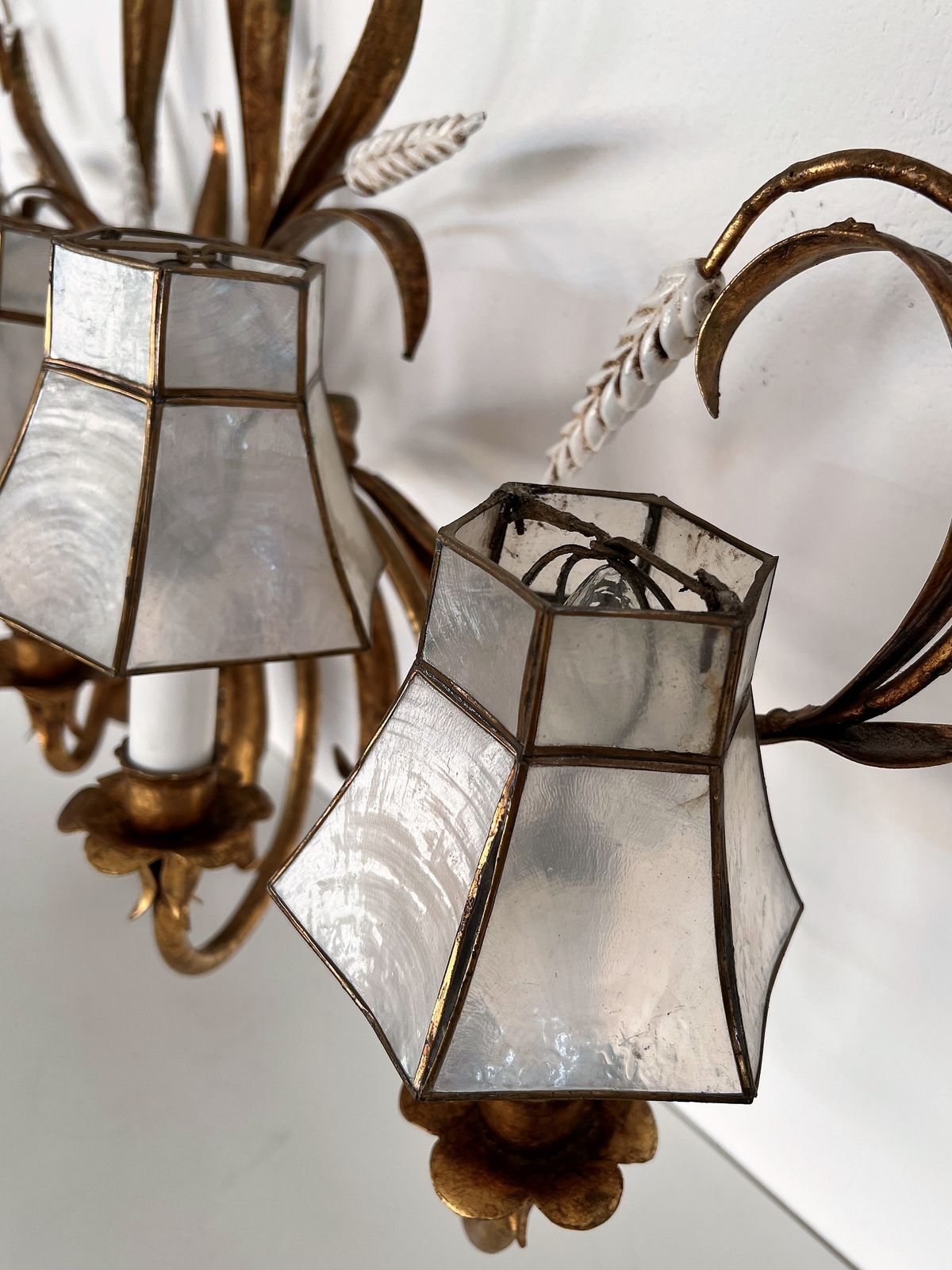 Lighting Large Gilt Wall Sconce With Wheat Sheaf And Original Lampshades, 1970s photo