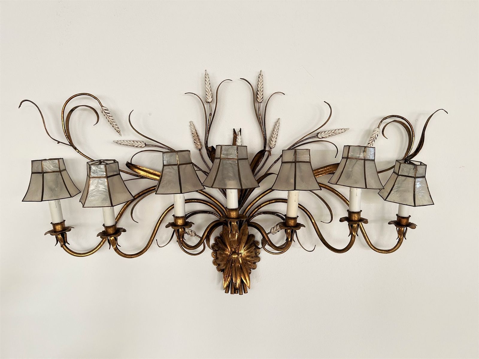 1550.0 Large Gilt Wall Sconce With Wheat Sheaf And Original Lampshades, 1970s photo